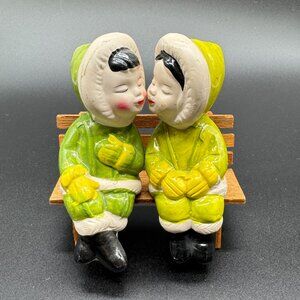 Vintage Kissing Inuit Salt and Pepper Shakers Ceramic Eskimos Sitting Bench
